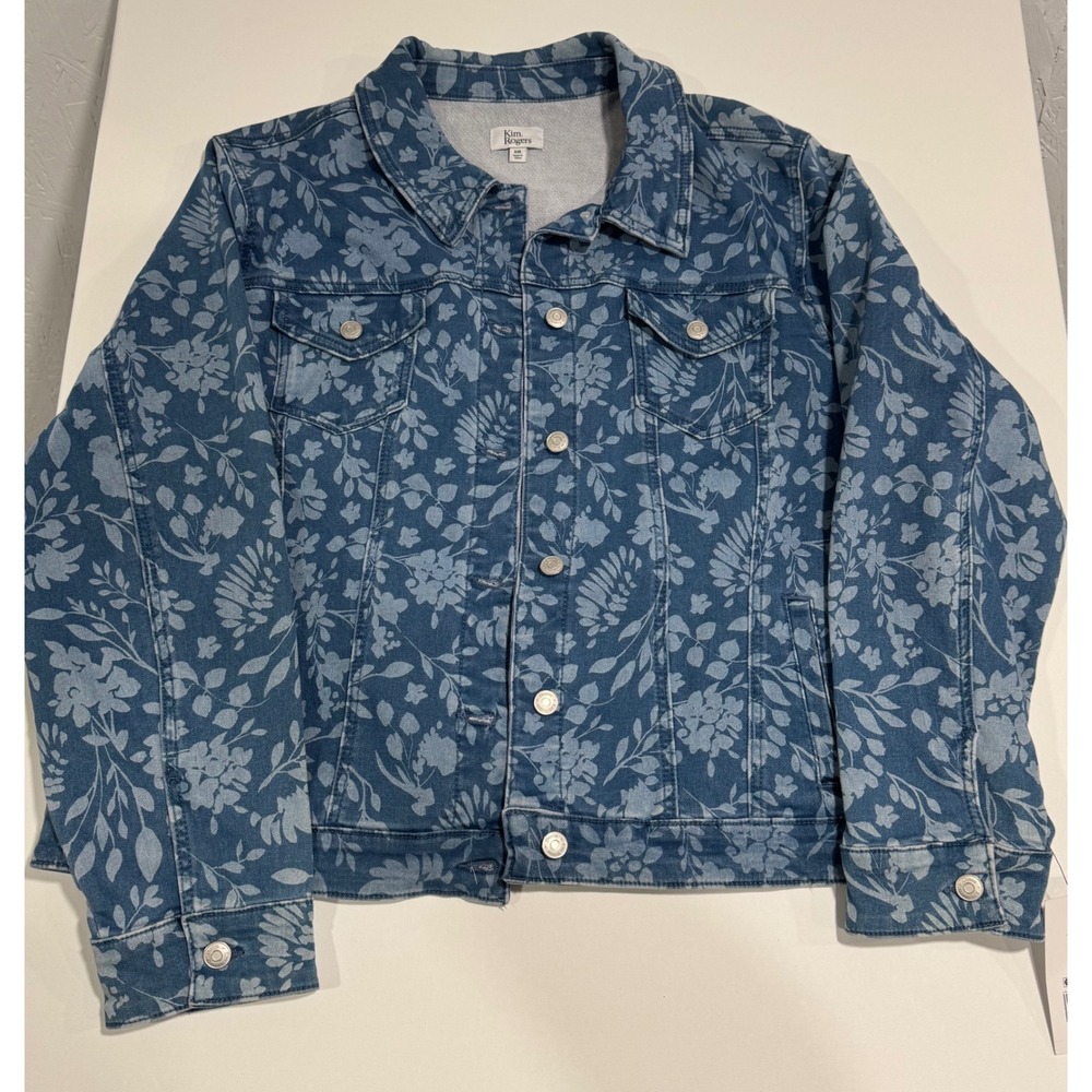 Kim Rogers Womens XXL Bicolor Floral Denim Jacket Blue Stretch Trucker NWT